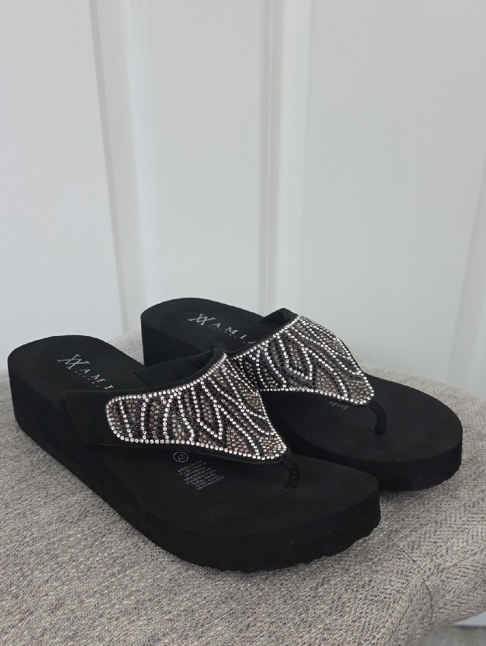 Black Rhinestone Platform Wedge Thong Sandals - Women Size 10.5